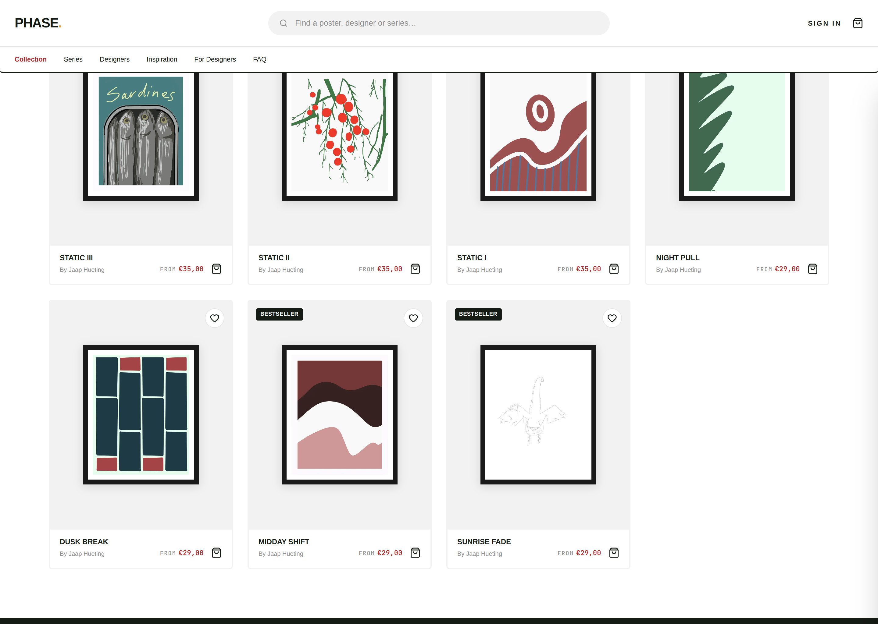 De catalogus van Phase: een raster ingelijste posters van eigen werk, met prijzen en bestseller-badges.