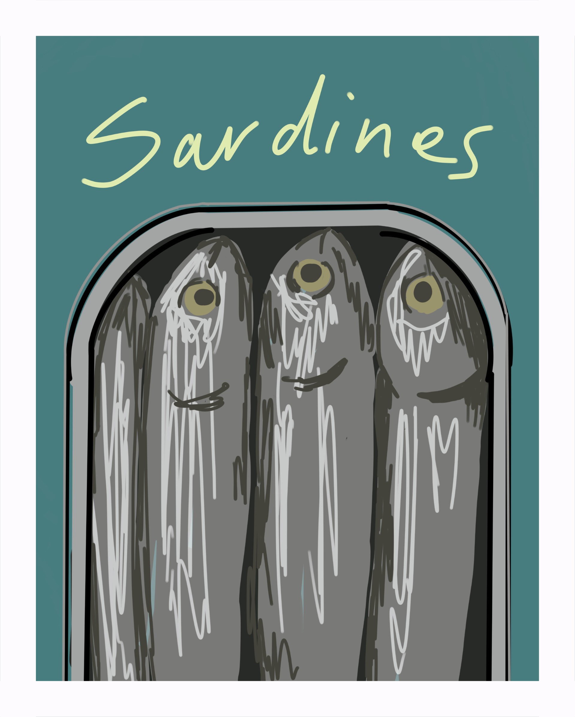 Posterontwerp 'Sardines' van Jaap Hueting — drie sardientjes in een blikje