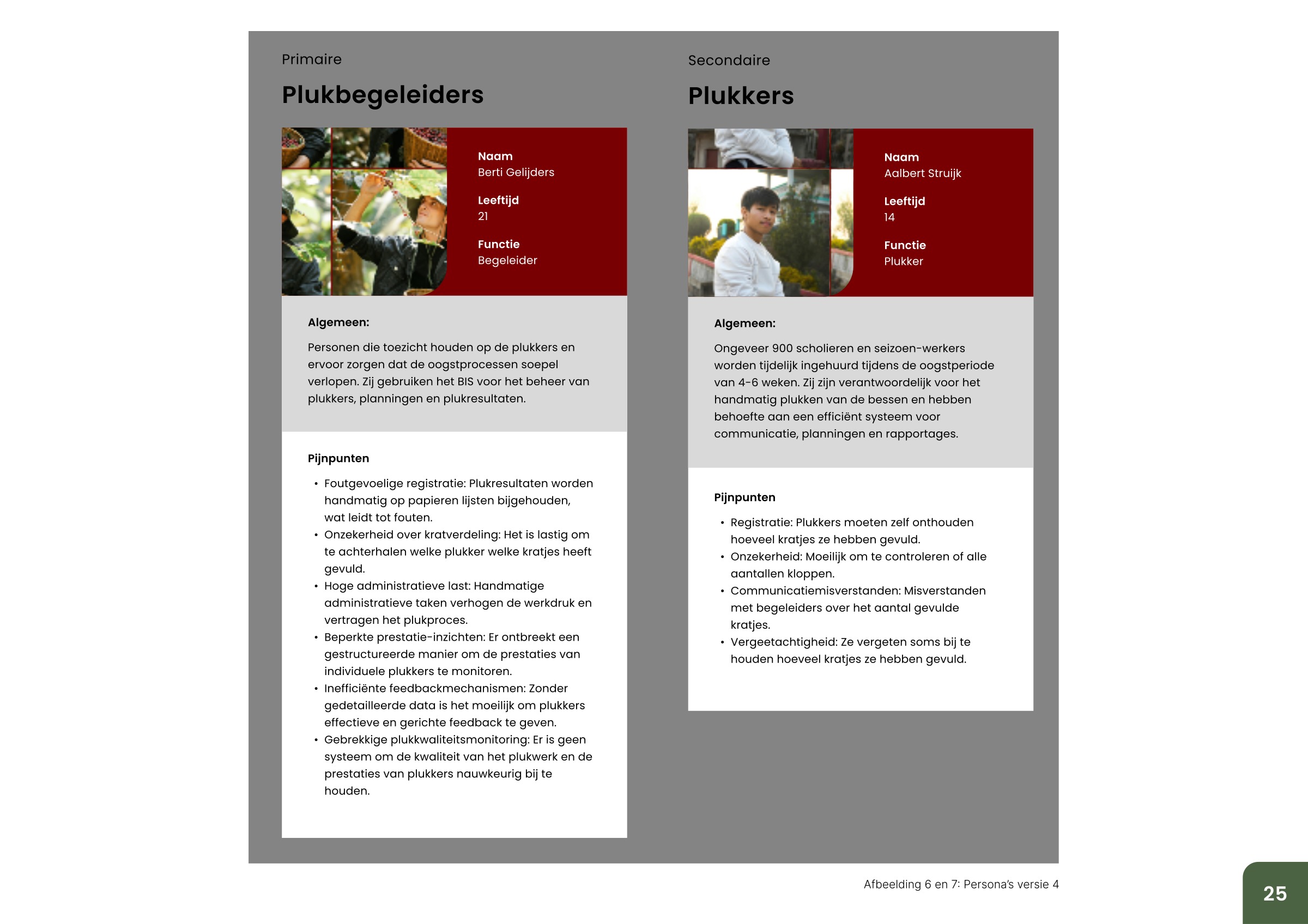 Twee persona's: de plukbegeleider (primair) en de scholier-plukker (secundair), met hun drijfveren en pijnpunten.