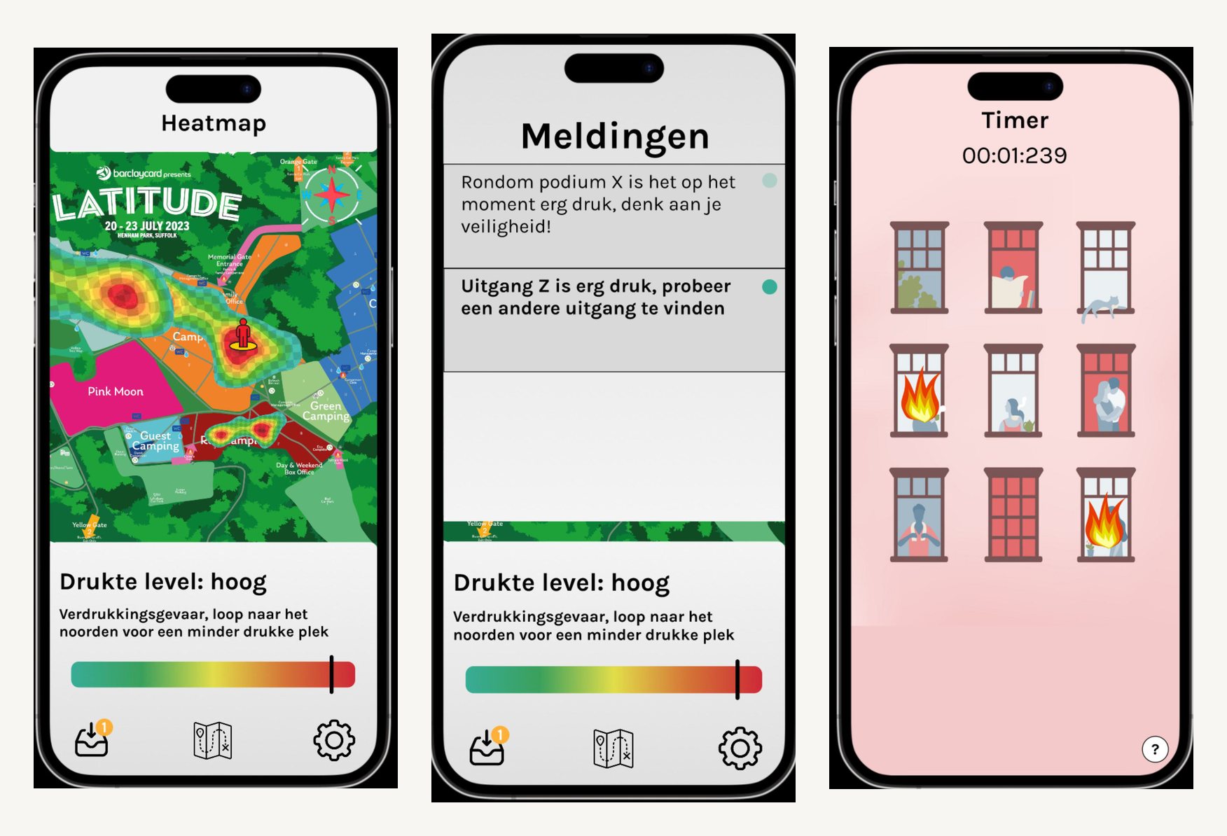 Drie schermen uit het prototype: de druktekaart (heatmap) die rood kleurt bij hoge drukte, het meldingenscherm, en het SOS-/timerscherm.